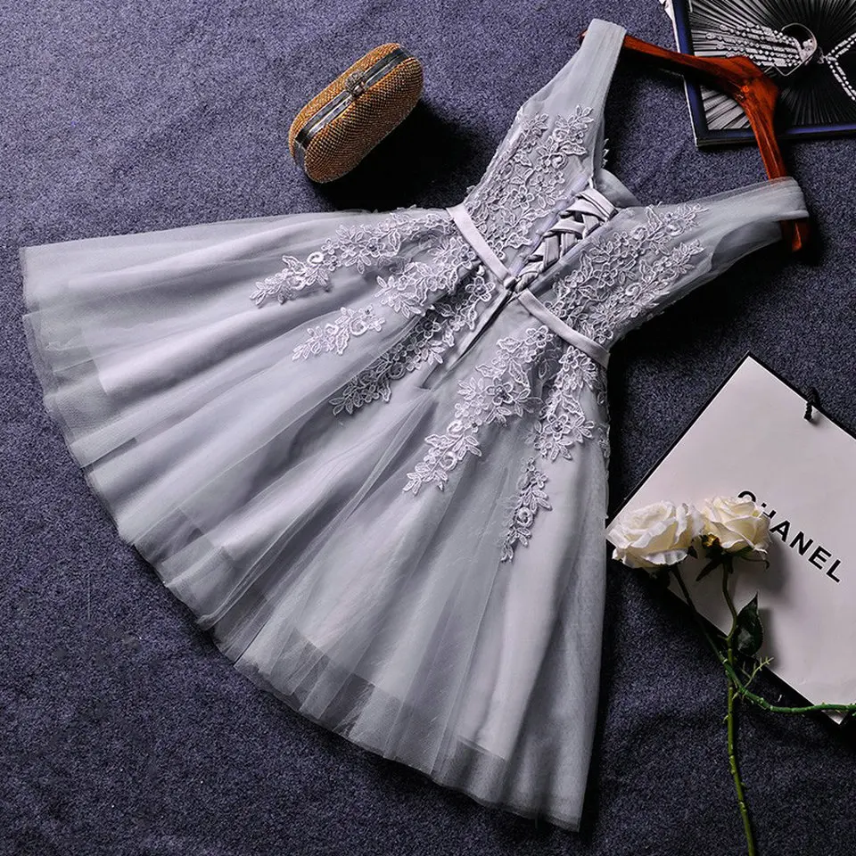 

Elegant Pearl Pink Dresses For Prom Party 2021 Short V Neck Appliques Beading Lace Up Knee-Length Graduation Gowns Vestidos