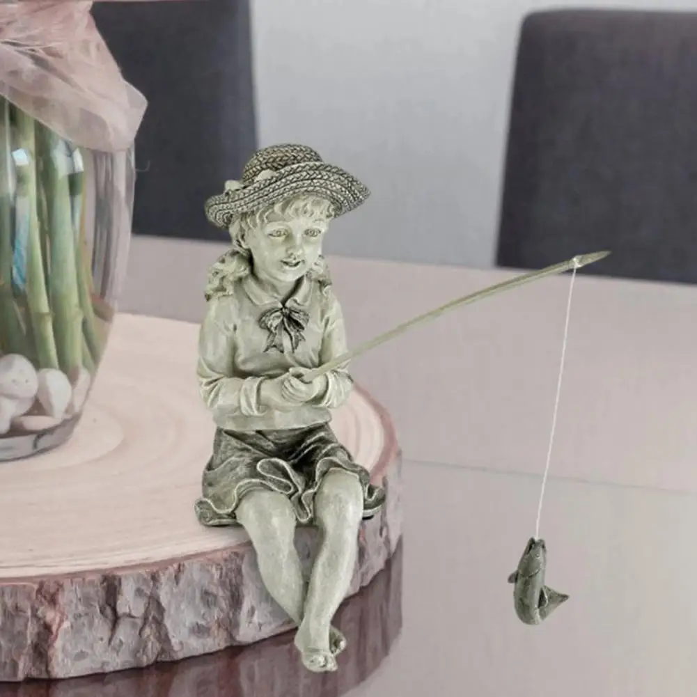 

Outdoor Pastoral Vivid Art Statue Kids Shape Resin Delicate Fishing Child Figurine for Garden Yard Lawn Outdoor Decor