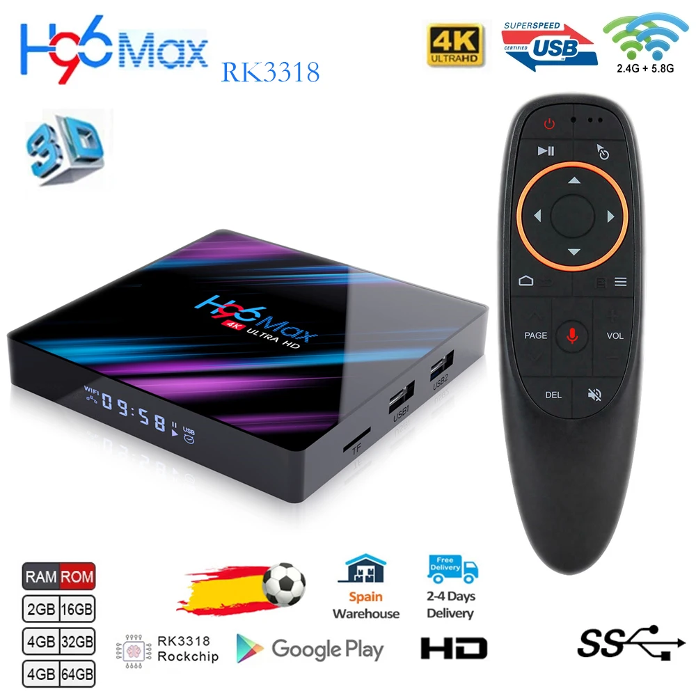 

Приставка Смарт-ТВ H96 Max rk3318, ТВ-приставка с поддержкой Android 10, 4 Гб, 32 ГБ, 64 ГБ, 4K, Wi-Fi, BT, медиаплеер