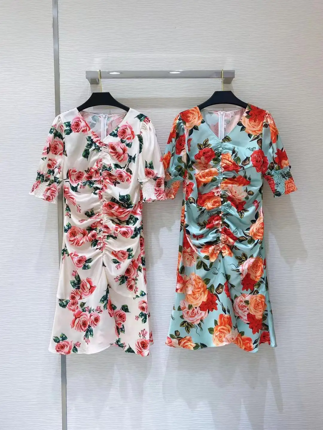 

2021 New Summer Fashion Runway Trumpet Dress Women's High-End Flowers Print Pearl Half Sleeve Knee-Length Dresses
