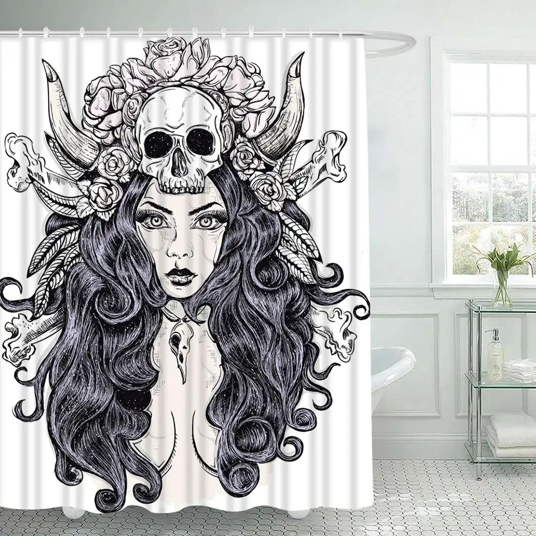 

Skull Shower Curtain With Hooks For Bathroom Woman Rose Skull Waterproof Polyester Bath Shower Curtain Set Home Bathroom Decor
