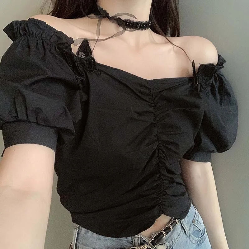 

HziriP Summer New Puff Sleeve Gentle Sweet Solid Slash Neck Office Lady 2021 Casual All-Match Folds Elegant Loose Short Blouses