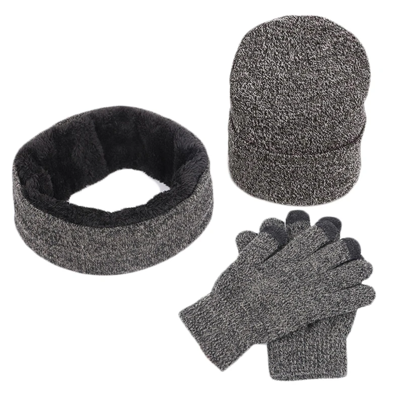 

Unisex 3Pcs Winter Beanie Hat Circle Scarf Touch Screen Gloves Set Solid Color Knit Plush Lined Skull Cap Neck Warmer