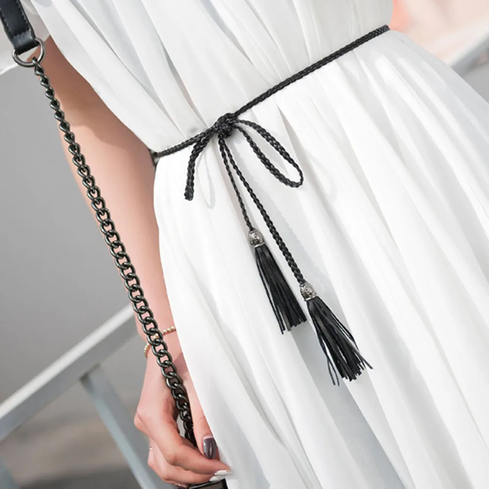 

Narrow Waistband For Dress Self Tie Thin Braided Skinny Solid Daily Rope Women Waist Belt Decoration Artificial PU Tassel
