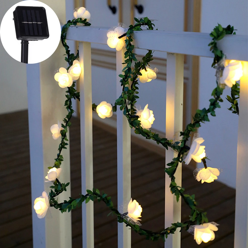 

100-20leds Solar Rose Flower String Light 12-5m Leaf Vine Rose Ribbon Garland Lamp for Wedding Christmas Garden Holiday Decor