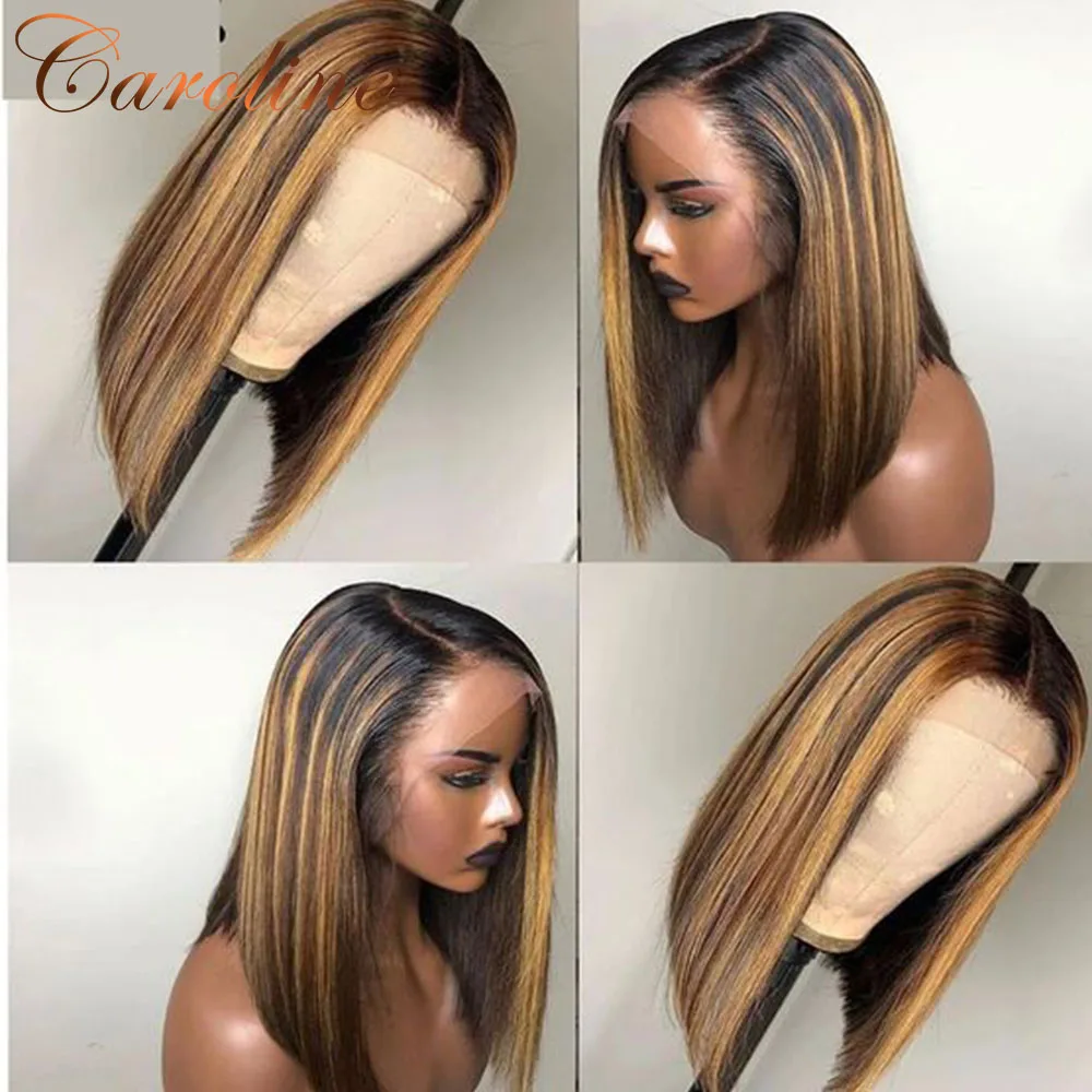 Beli 13X4 Wig Bob Renda Lurus P4/27 Sorot Ombre Wig Renda Bagian T Lurus Brasil Wig Renda Lurus Bob 180% Untuk Wanita Kulit Hitam