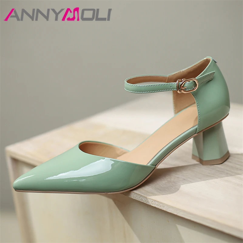 ANNYMOLI Ankle Strap Shoes Women Spring Genuine Leather Chunky Heels Pointed Toe Pumps Buckle High Heel Footwear Green Black 39