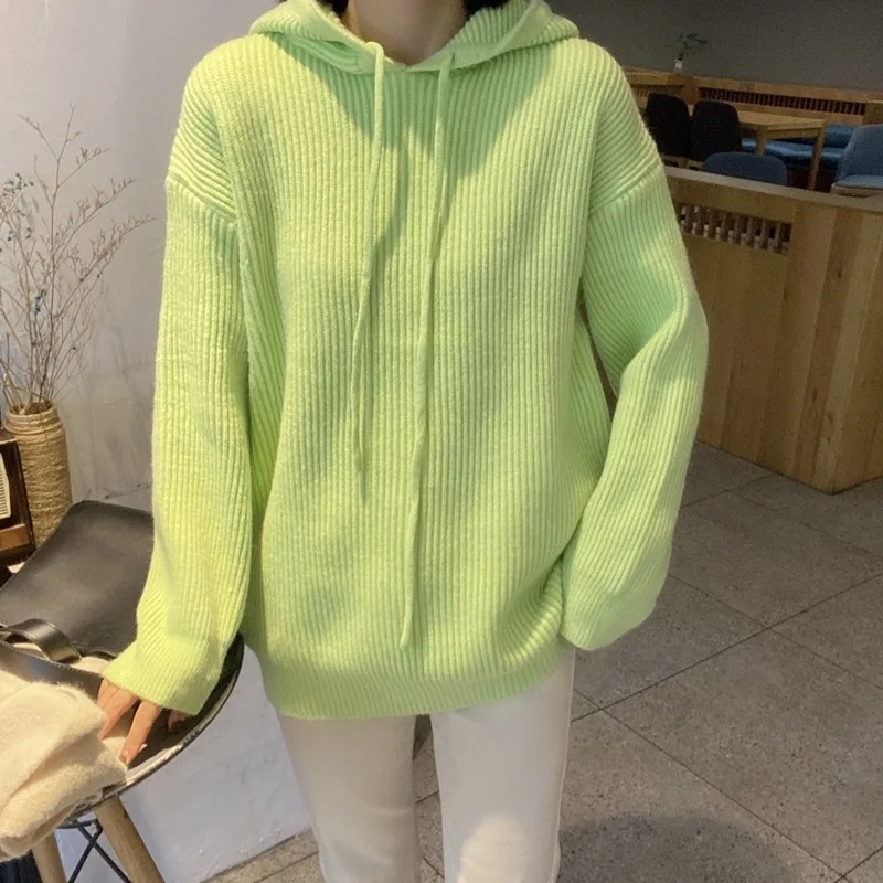 

Pure Color Women's Winter New Hooded Sweater Bright Color Loose Sweater Wind Hole Sweater