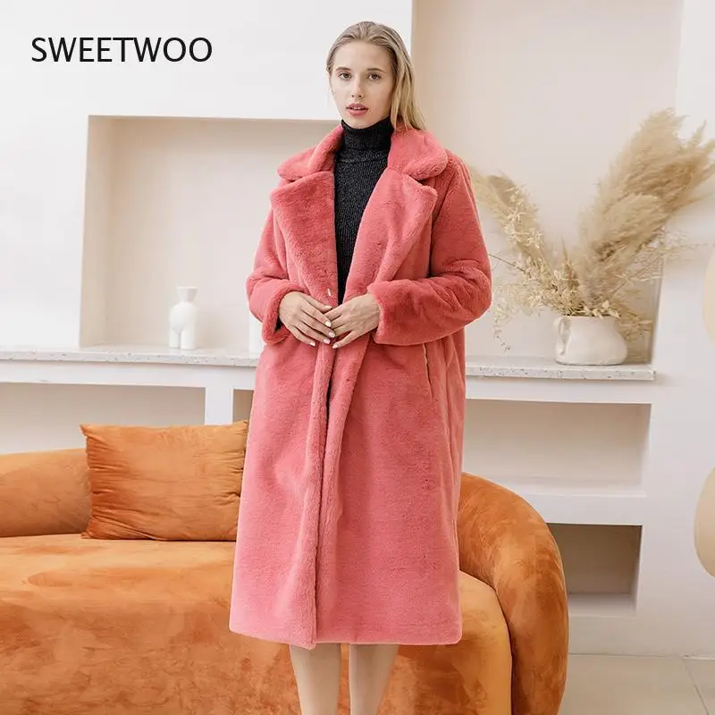 New Women Winter Warm Faux Fur Coat Thick Women Long Coat Turn Down Collar Women Warm Coat Casaco Feminino 2022
