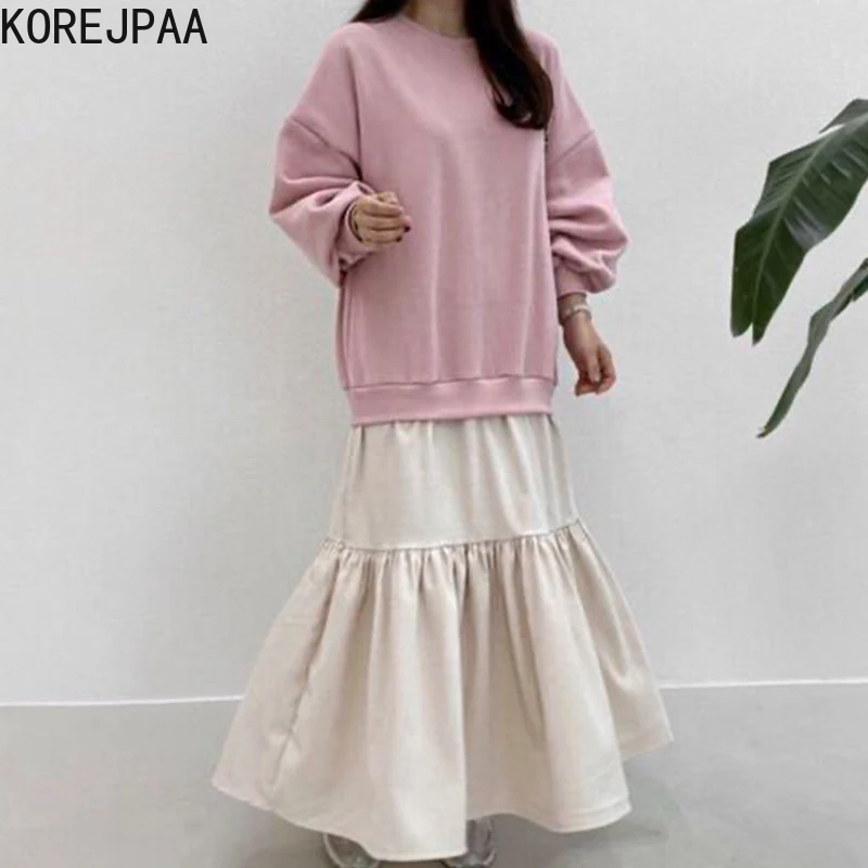 

Korejpaa Women Dress Autumn 2021 New Round Neck Loose Contrast Color Stitching Ruffled Puff Sleeve Solid Color Long Vestidos