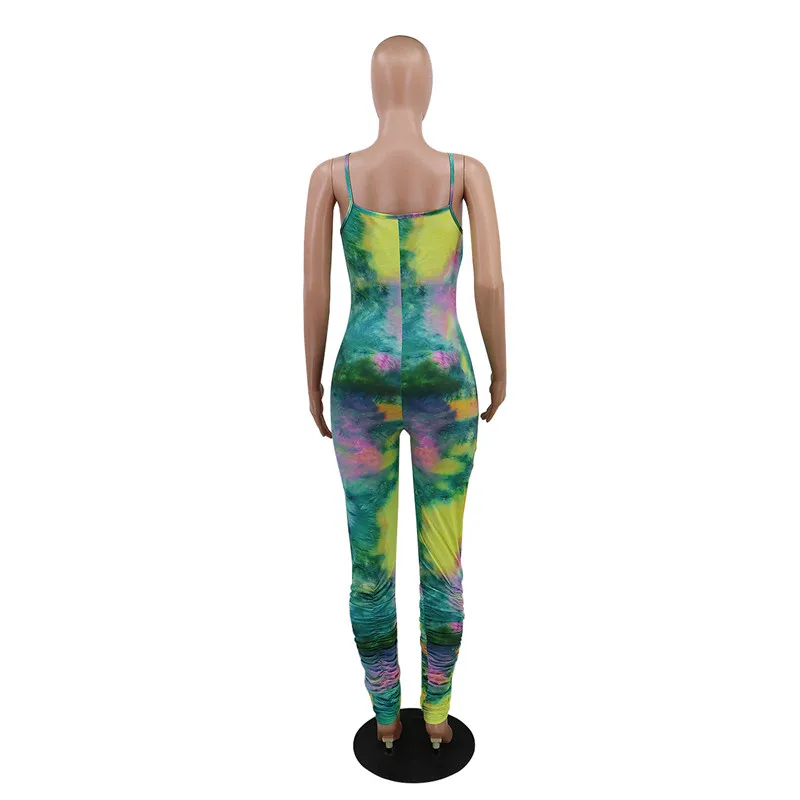 

2020 New Plus Size Skinny Long Tie Dye Print Rompers Womens Jumpsuit Bodycon Sexy Bodysuit Spaghetti Strap Streetwear Overalls