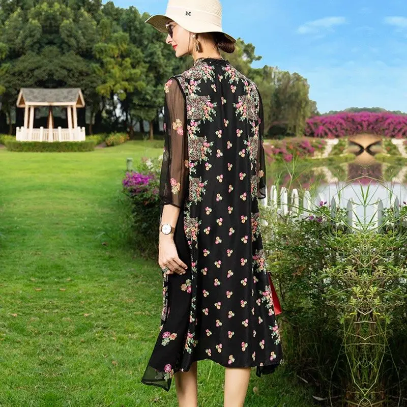 

Spring And Summer 2021 New Cheongsam Mother Silk Dress Women's Loose Big Mulberry Silk Floral Dress
