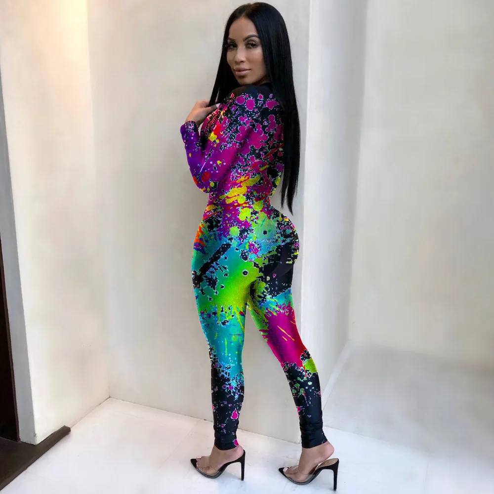 

Rainbow Tie Dye Galaxy Two Piece Set for Women 2021 Deep V Neck Long Sleeve Slim Tops and Bodycon Legging Activewear Tracksuit