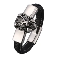 black leather bracelets men lion head stainless steel magnetic buckle punk rock bangles male wristband party jewelry gift pd0826