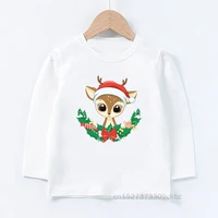 merry christmas deer cartoon white kids long sleeve t shirt children summer girl gift present clothes boy cute animal tops tee