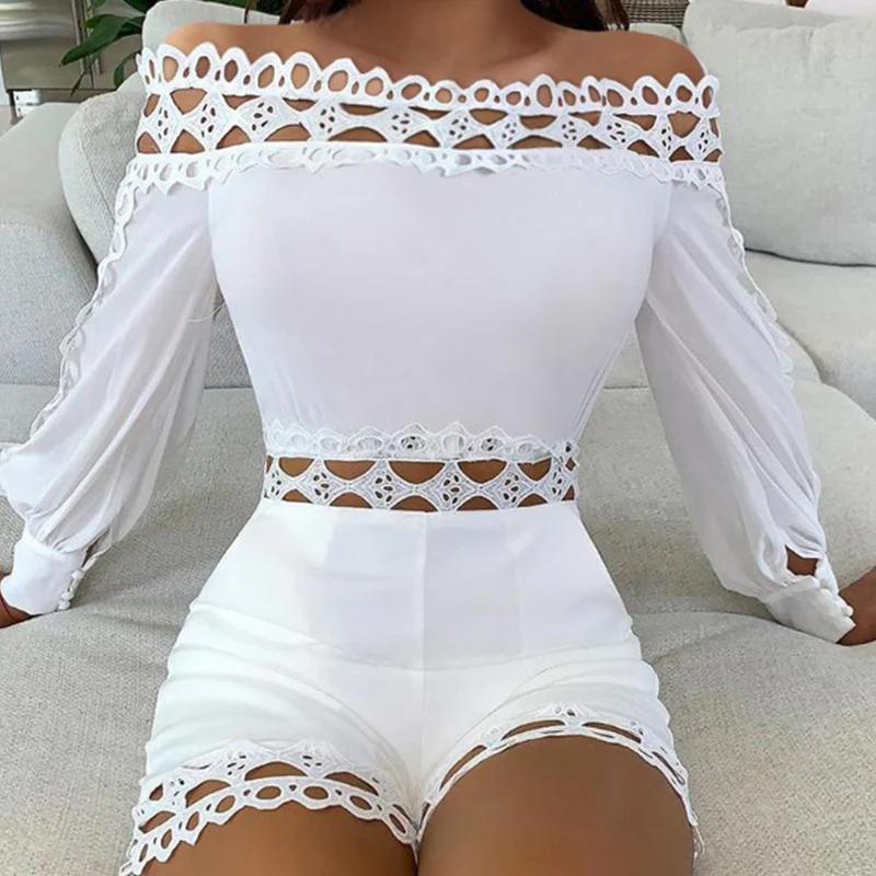 

Spring Summer Women Off The Shoulder Lace Hollow out Full Sleeve Top+High Waist Shorts Solid Sexy Slim Casual Set Women outfit