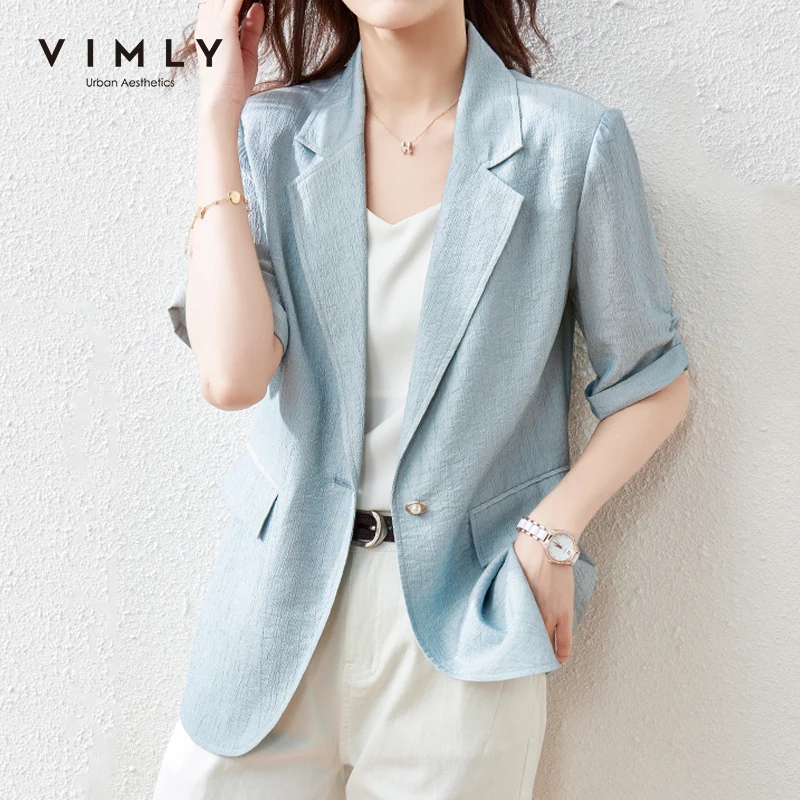 

VIMLY Summer Women Blazers Elegant Notched Solid Coats and Jackets Casual Business Blazer Minimalism Coat Female Suit F7138