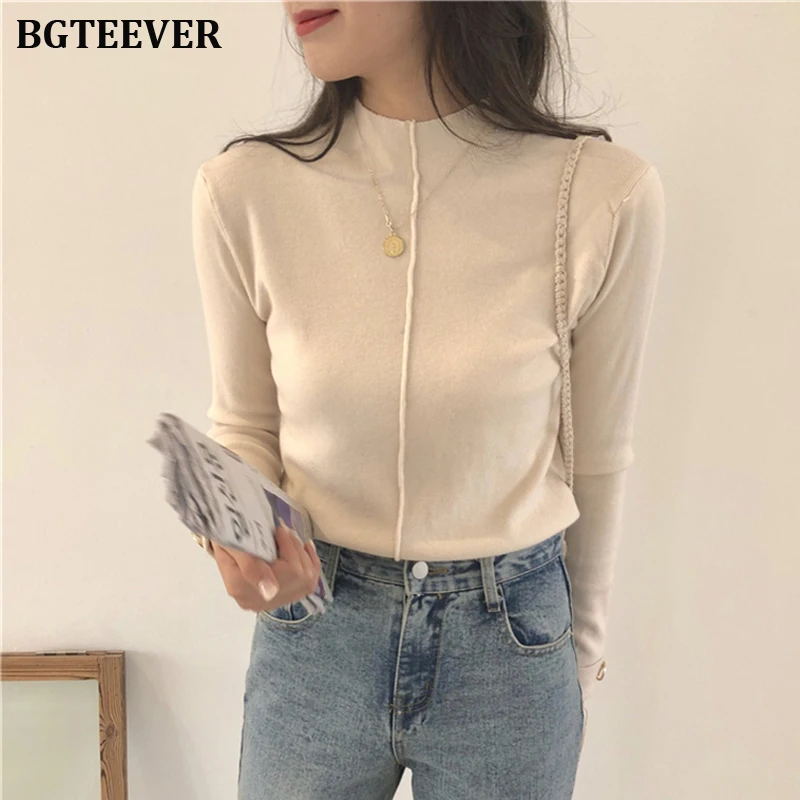 Chic Half-turtleneck Women Sweater Full Sleeve Female Knitted Pullovers Casual Solid Jumpers Autumn Winter Knit Tops 2019 | Женская