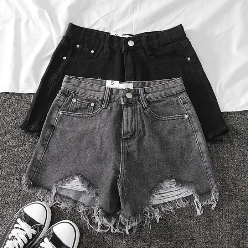 

Shorts Women Summer 2021 Hole High Waist Jeans Burrs Female Summer Build a Word Torn Wide-legged Short Pants Short Denim Trouser