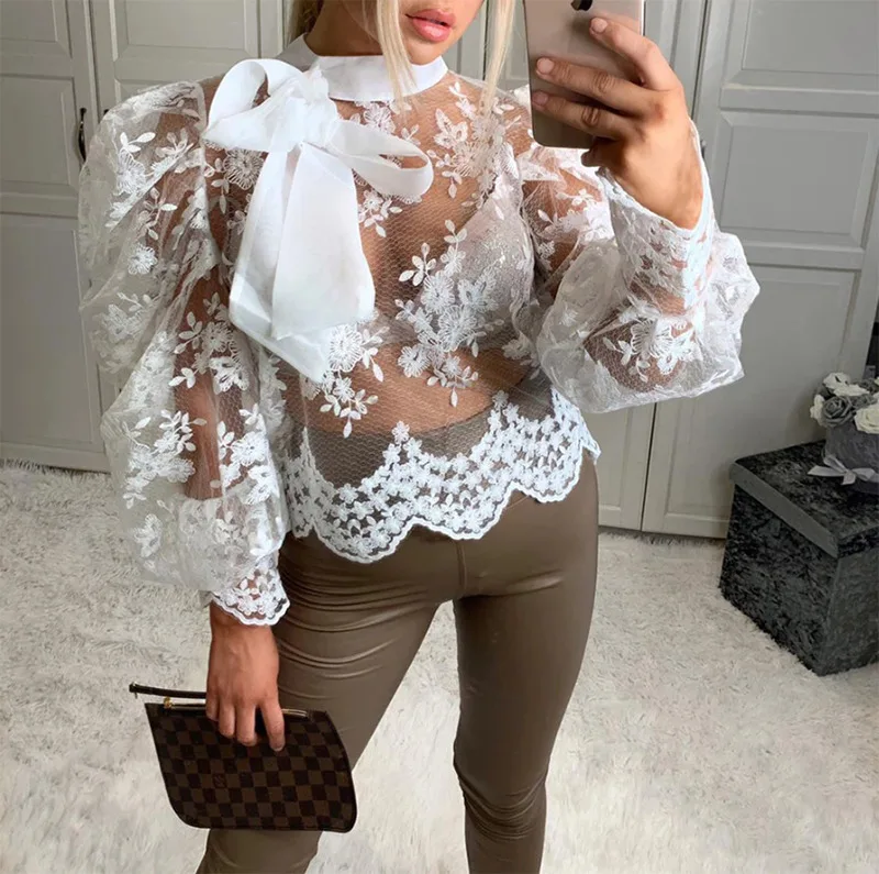 

hirigin Women Lace Mesh Sheer See-through Long Puff Sleeve Tops Casual Blouse