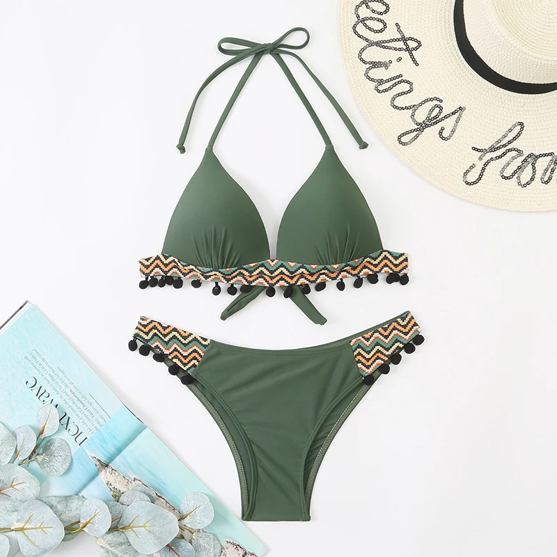 Бикини пуш-ап новинка 2022 женский купальник с кисточками и черными шариками