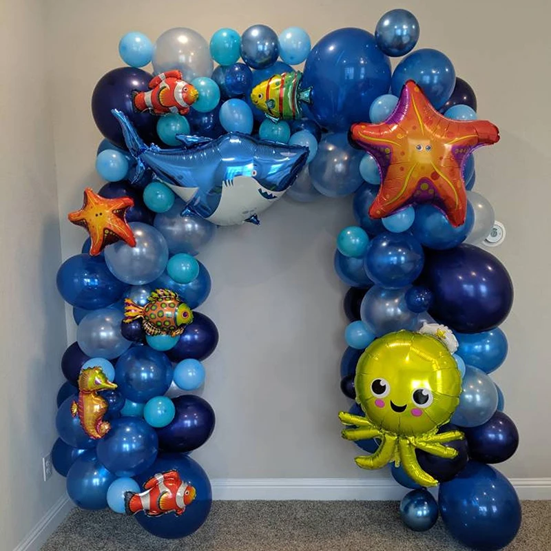 Juego de 101 unids/set de globos de dibujos animados de tiburón/estrella de mar, pulpo bajo animales marinos, fiesta de cumpleaños, Baby Shower, boda, decoración para arco