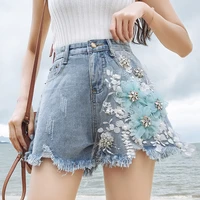 summer fashion women 2021 oversize jean shorts female high waist wide leg tassel embroidery flower red black blue denim shorts