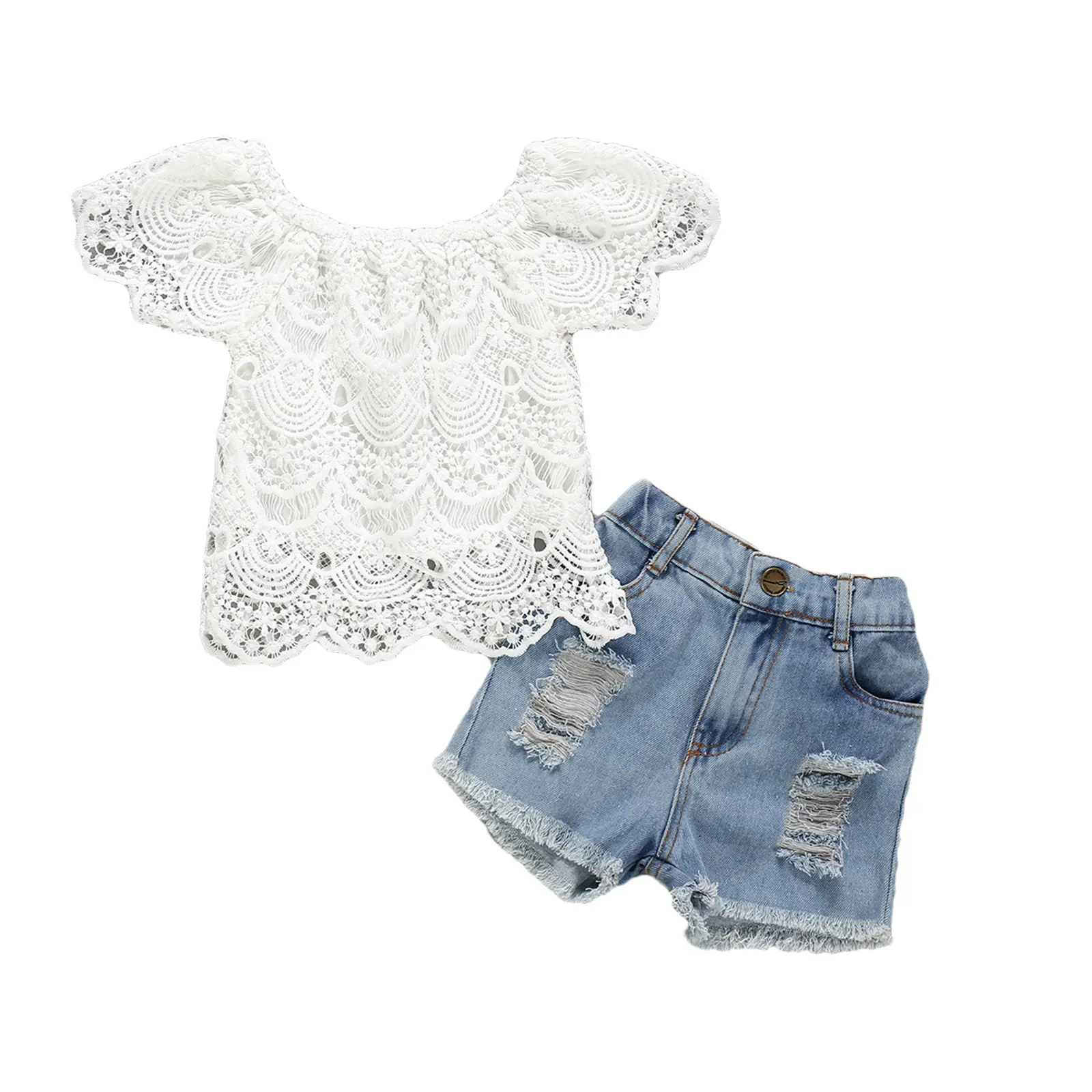 

Girl's 2Pcs Summer Clothes Set, Solid Color Lace Flower Short Sleeve Boat Neck Tops with Short Ripped Jeans