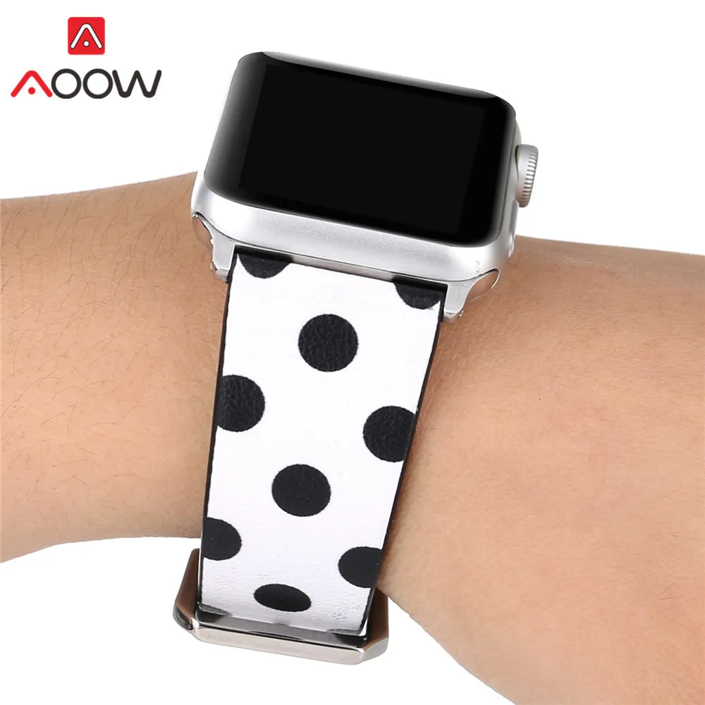 Кожаный ремешок для часов Apple Watch 40 мм 44 мм 38 мм 42 мм черный белый розовый узор в горошек браслет ремешок для iWatch 1 2 3 4