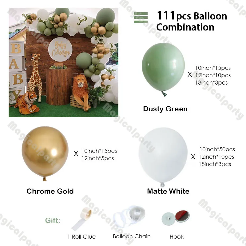 

111pcs Dusty Green Balloon Arch Chrome Gold Latex Ballon Bridal Shower Party Decor Birthday Wedding Anniversary Decorations