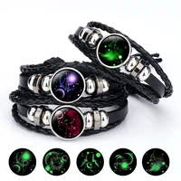 12 zodiac glow in the dark sign bracelets for women men constellation snap button charm leather rope bangle fashion jewelry