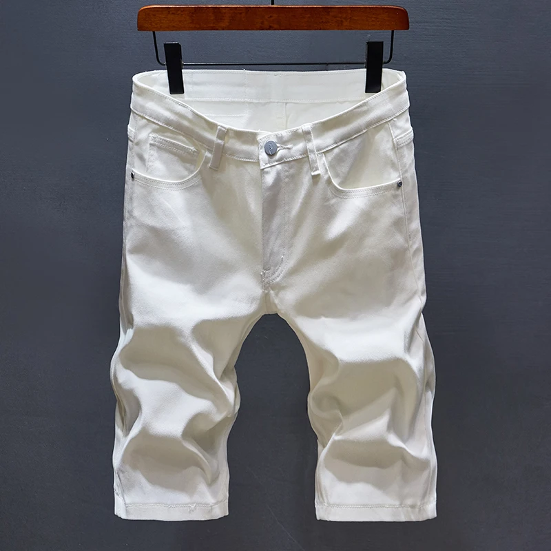 

Youth Slim Fashion white Jeans short Men High Quality Straight Casual Male Summer New Solid Color Stretch Cotton Denim Shorts