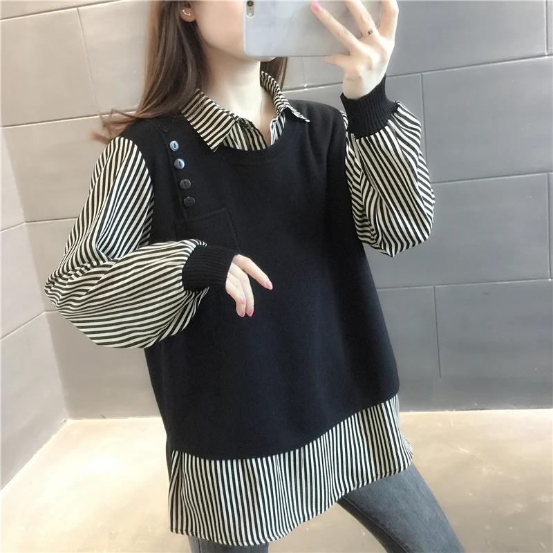 

Room 198115, no. 4 in 2 make striped shirt knitted splicing fake two piece [1088] 58