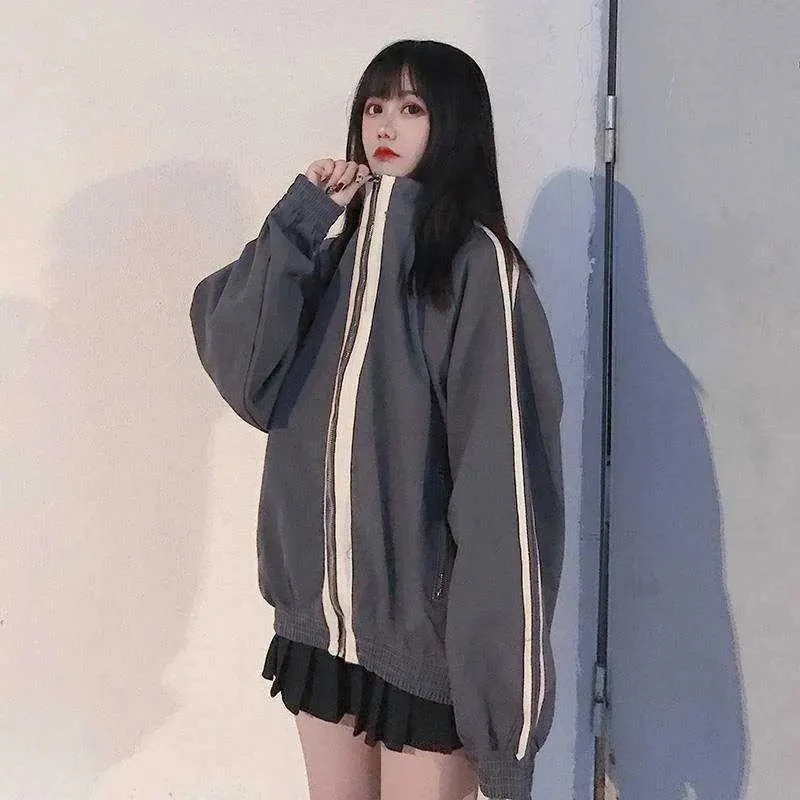 

Women's warm coat loose large size new neck street wild long-sleeved cardigan mid-length Y2K stitching striped zipper round