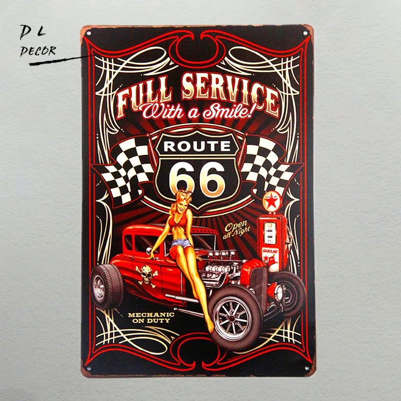 DL полный сервис hotrod Route 66 высечка металлическая вывеска девушки с улыбкой