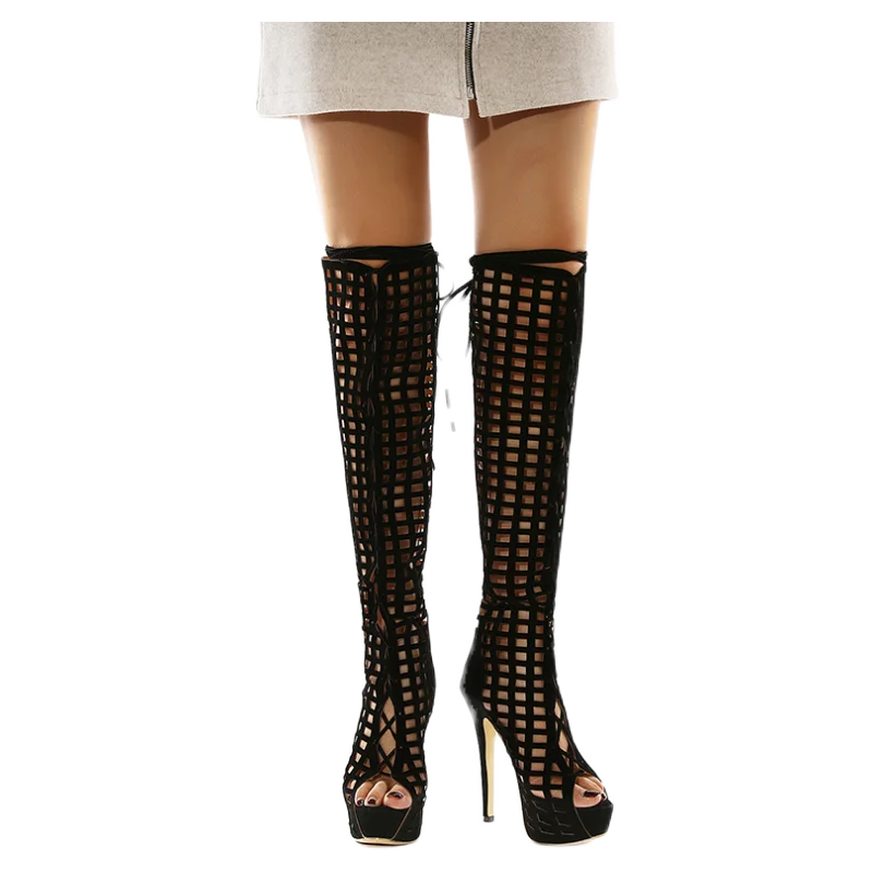 

European style new hollow lace-up over the knee high heel boots women comfortable pumps shoes size 35-42