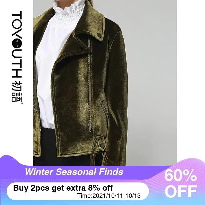 

Toyouth Vintage Green Velvet Jacket Zipper Designer Short Jackets Sashes Ladies Coat Women Autumn Jacket Chaqueta Mujer Tops