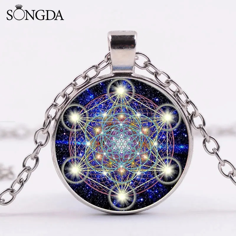 

Sacred Metatron Cube Pendant Necklace Geometry Flower of Life Art Photo Glass Dome Magic Hexagram Necklaces For Women Gifts
