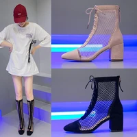 mesh boots woman sandals high boots sexy womens summer high heels shoes for female front lace up black rome style black silver