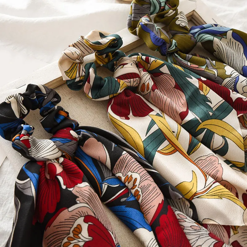 

Fashion Floral Print Scrunchie Elastic Hair Band For Women Hair Scarf Bohemian Bows Rubber Ropes Hair Accessories Headwear Hot