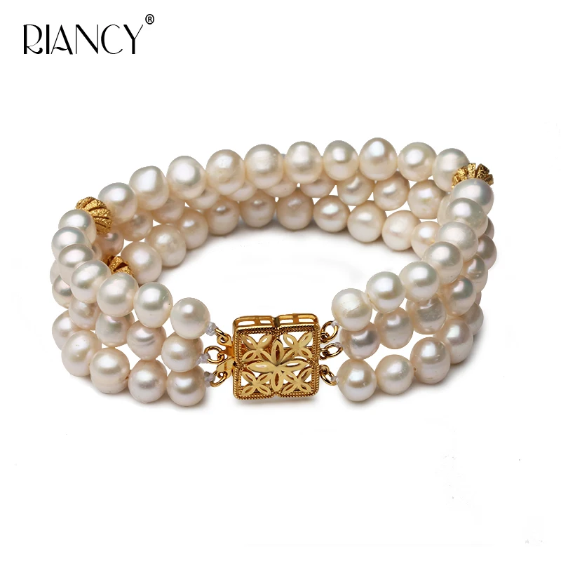 Купи Fashion three rows Natural Freshwater white Pearl Bracelet Pearl Jewelry for Women wedding Valentine's Day Gift за 1,502 рублей в магазине AliExpress