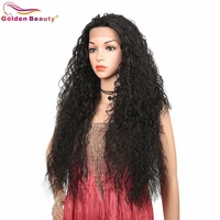 golden beauty synthetic hair kinky curly high temperature fiber free part long natural wave black 28inch tpart lace hair wig