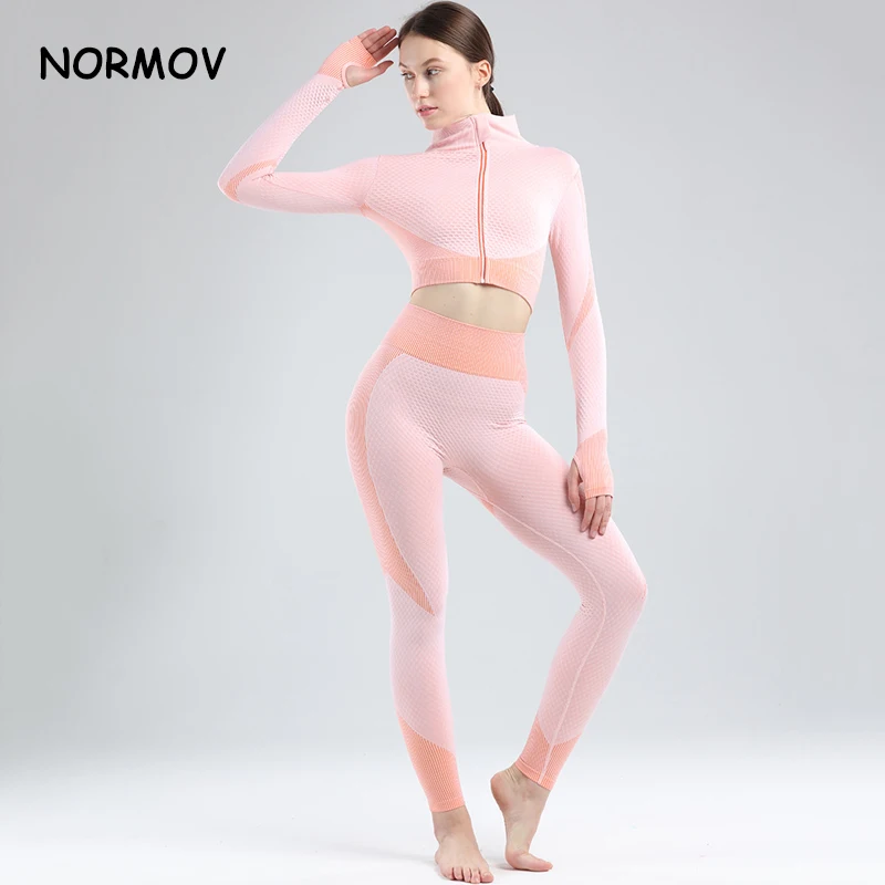 NORMOV 2/3/pcs Seamless Women Yoga Set Workout Sportswear Clothing Fitness High Waist Leggings Long Sleeve Crop Top Sports Suits