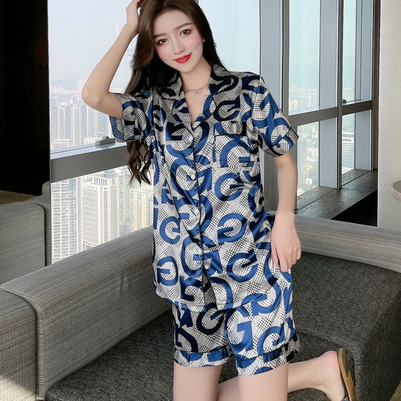 2021 Ice silk pajama women summer short sleeve Korean version of douyin web celebrity with imitation silk lovers home