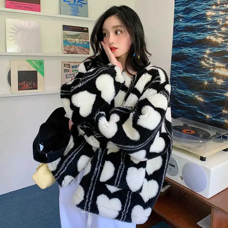 

Autumn and winter love pattern sweet and loose casual all-match lamb wool jacket women plus velvet thick Korean pink jacket 2021