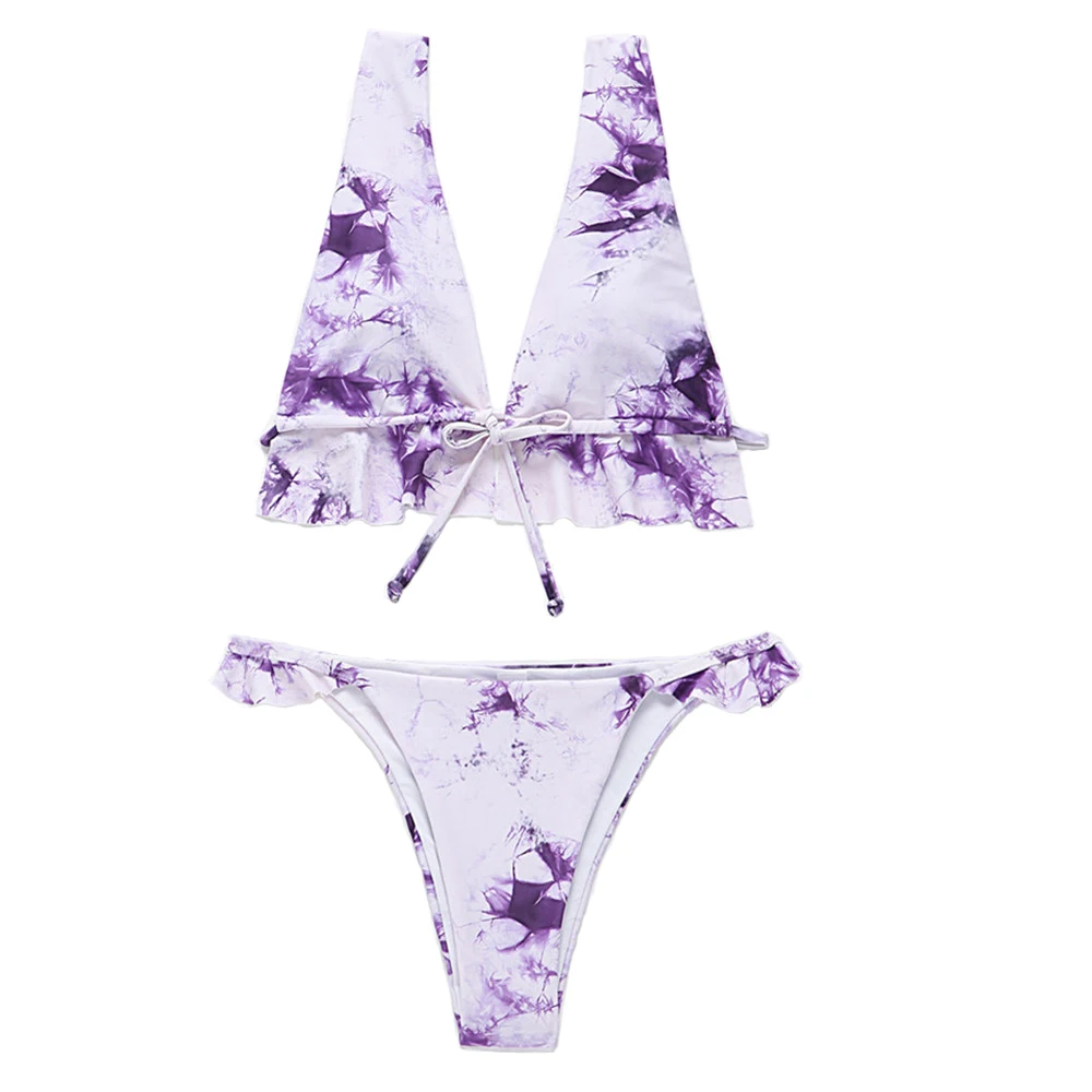 

Missadola2020 new sexy Women's swimsuit tie-dye purple ruffle bikini split two-piece female beachwear