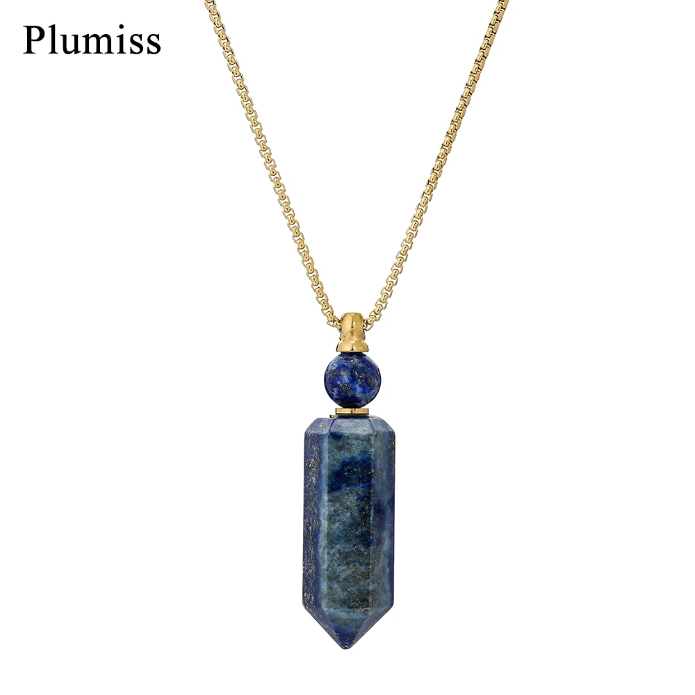 

Plumiss Natural Stone Lapis Lazuli Pendant Necklace Hexagonal Prisms Pyramid Perfume Box Gold Color Chain Necklaces Jewelry Gift