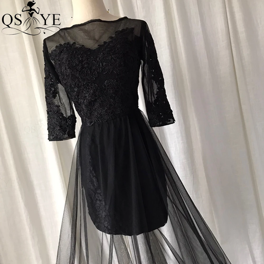 

QSYYE Black Two Pieces Prom Dresses Lace 1/2 Sleeves Evening Dress Lace Tulle Party Formal Gowns