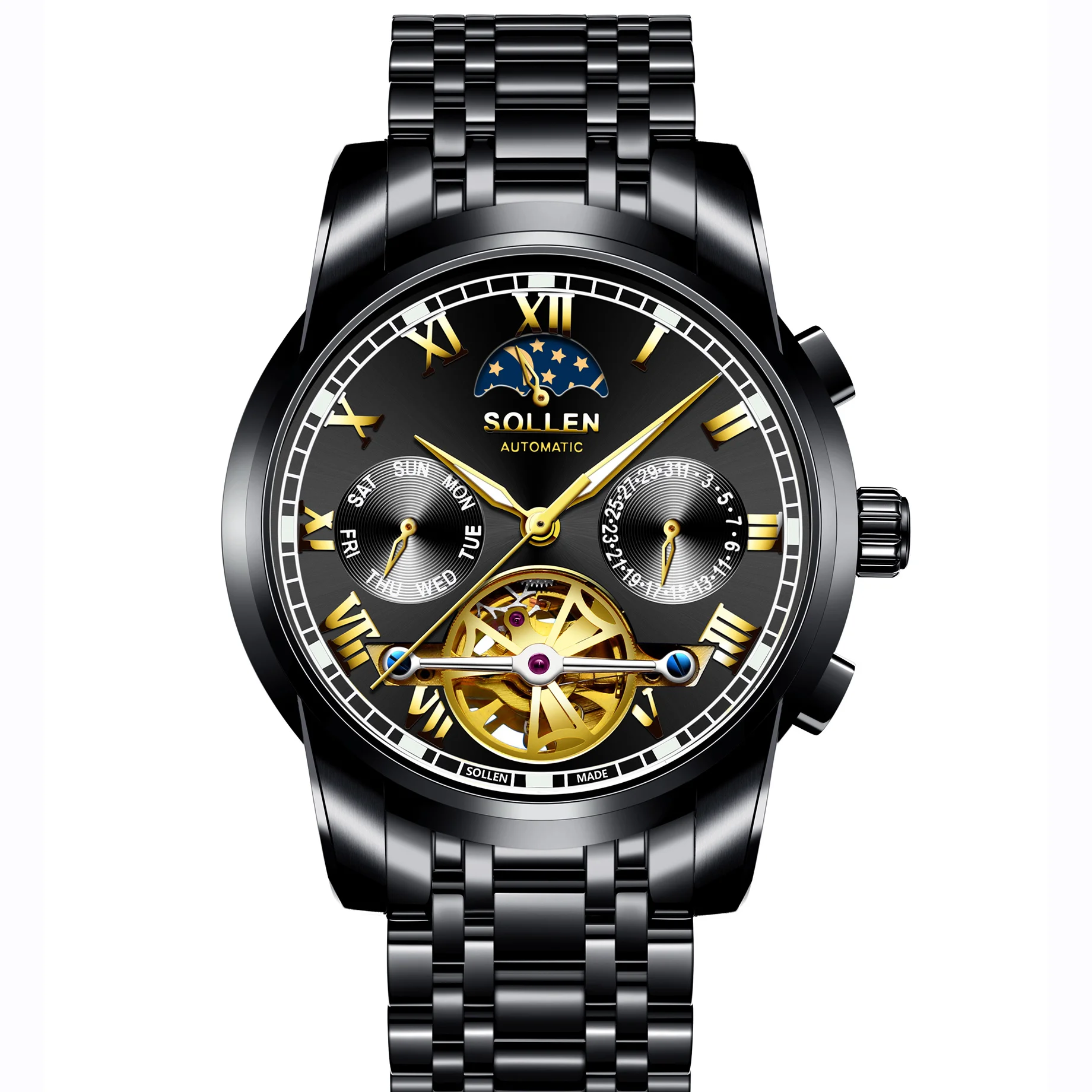 

Switzerland Luxury Brand SOLLEN Men's Automatic Mechanical Watches Multi-function Luminous Moon Phase Sapphire Clock SL804