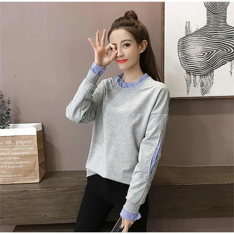 

Women's Autumn Striped Hoodies Long Sleeve Patchwork Sweatshirt Kpop Harajuku Casual Fashion Loose Korean New Pullovers E276